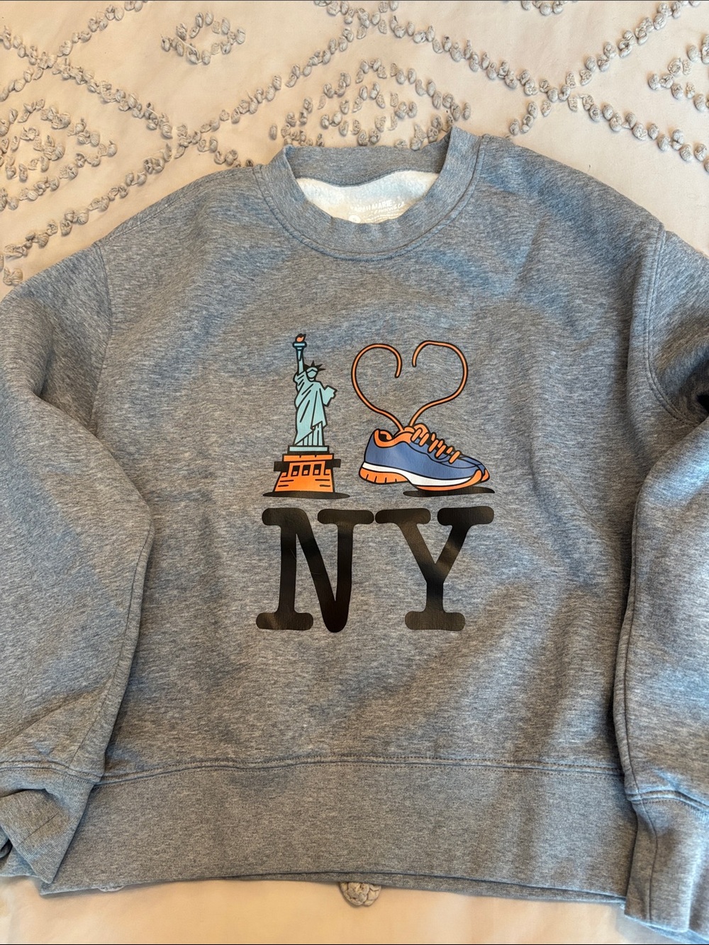 Gray 'NY' Graphic Sweatshirt with Statue of Liberty & Sneaker Heart